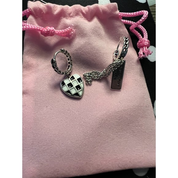 Silver Earrings/Black and White Checkered Heart - Picture 2 of 5